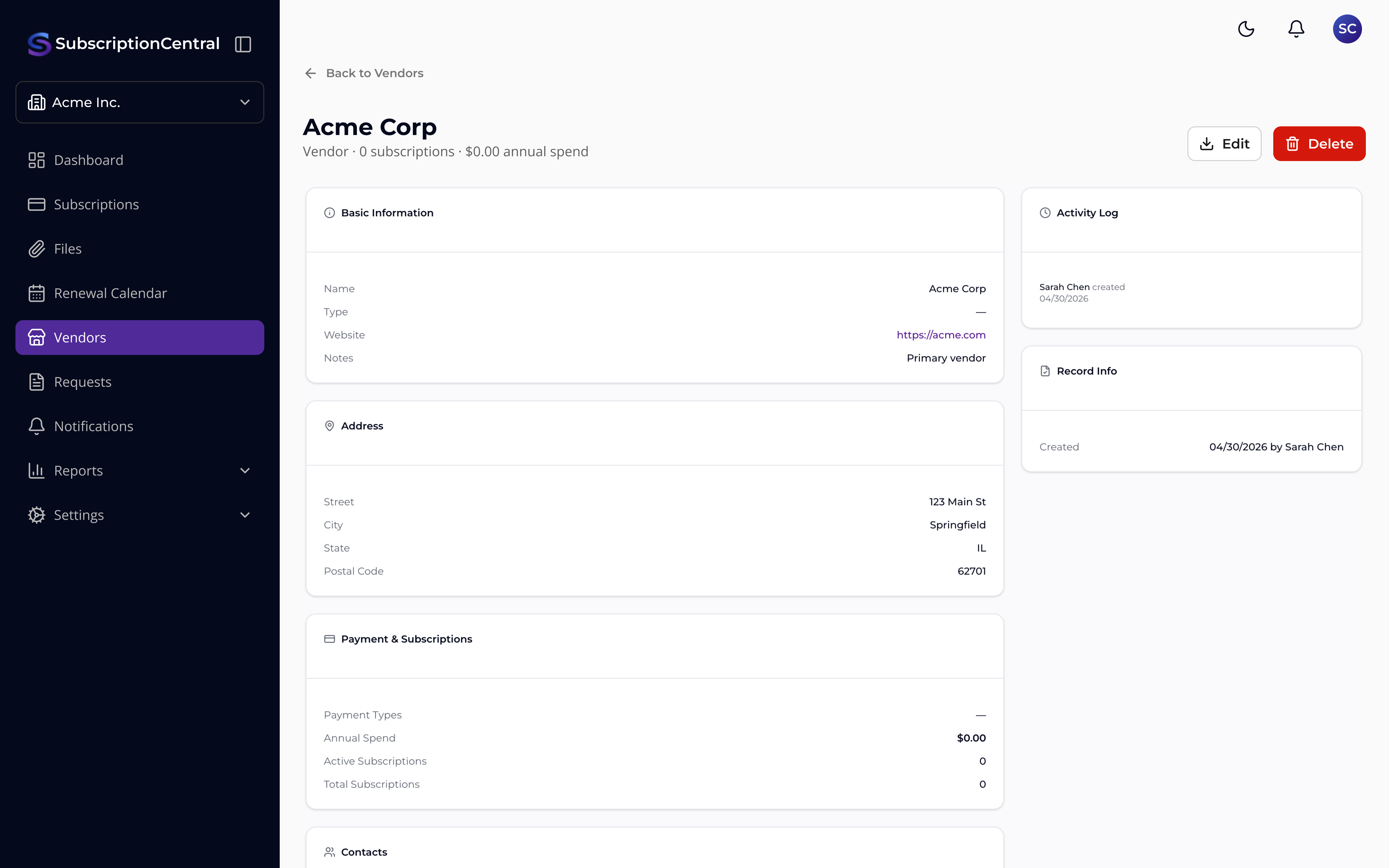 Vendor Management — Subscription Central